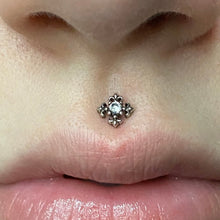 Load image into Gallery viewer, 16g Cross Medusa Piercing • Medieval Cross Lippy Loop Labret Lip ring • Comfortable Surgical Steel Lip Ring • Cross Whimsigoth Lip Piercing