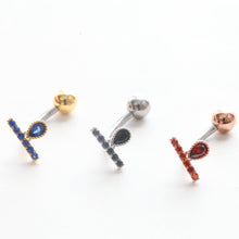 Load image into Gallery viewer, CZ Paved Bar Belly Button Ring, teardrop floating navel ring, dainty gold bar belly rings, blue small tiny line simple daily belly jewelry