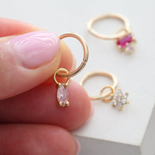 Load image into Gallery viewer, Belly Piercing • Tiny Belly Hoop • Simple Flower Navel Ring • Dainty Dangle Belly Ring • 14k Goldfill 925 Silver 18g Floral Belly Jewelry