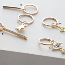 Load image into Gallery viewer, Evil Eye Belly Piercing • Tiny Belly Hoop • Simple Bolt Navel • Dainty Dangle Belly Ring • 14k Goldfill 925 Silver North Star Belly Jewelry