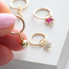 Load image into Gallery viewer, Belly Piercing • Tiny Belly Hoop • Simple Flower Navel Ring • Dainty Dangle Belly Ring • 14k Goldfill 925 Silver 18g Floral Belly Jewelry