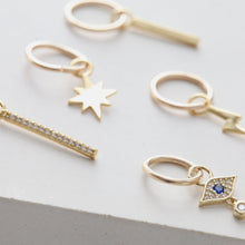 Load image into Gallery viewer, Evil Eye Belly Piercing • Tiny Belly Hoop • Simple Bolt Navel • Dainty Dangle Belly Ring • 14k Goldfill 925 Silver North Star Belly Jewelry