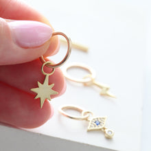 Load image into Gallery viewer, Evil Eye Belly Piercing • Tiny Belly Hoop • Simple Bolt Navel • Dainty Dangle Belly Ring • 14k Goldfill 925 Silver North Star Belly Jewelry