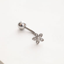 Load image into Gallery viewer, Small Flower Belly Button Ring • Floating Navel Ring • Tiny Mini Floral Belly Piercing • Dainty Silver Belly Jewelry • Great for Postpartum