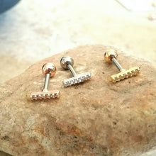 Load image into Gallery viewer, CZ Pave Bar Labret, tiny bar cartilage earring, simple helix threadless piercing, tragus stud earring, line cartilage studs gold bar earring