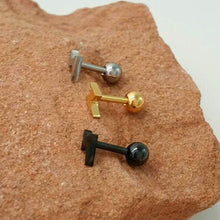 Load image into Gallery viewer, Lightning bolt cartilage earring, threadless push pin tiny tragus earring, 18g bolt conch earring, dainty cartilage piercing small gold stud