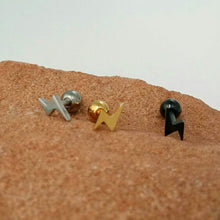 Load image into Gallery viewer, Lightning bolt cartilage earring, threadless push pin tiny tragus earring, 18g bolt conch earring, dainty cartilage piercing small gold stud