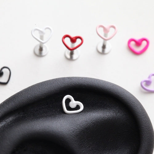 Hallow Heart Cartilage Earrings • Colorful Red Tragus Stud • White 4mm Threadless Stud • Dainty Friendship Piercing • 18g Popular 6mm Labret