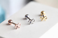 Load image into Gallery viewer, Mini Ribbon Cartilage Stud • Tiny Conch Labret • Bow Threadless Pushback • 18g Flat Back Lobe Earring • Tie the Knot Piercing • Dainty Stud