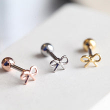 Load image into Gallery viewer, Mini Ribbon Cartilage Stud • Tiny Conch Labret • Bow Threadless Pushback • 18g Flat Back Lobe Earring • Tie the Knot Piercing • Dainty Stud