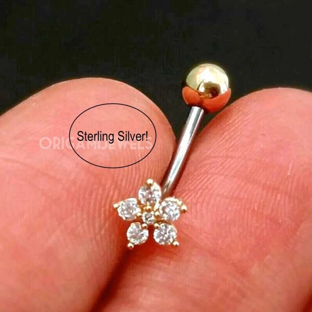 CZ Flower Belly Ring Sterling Silver Origami Jewels