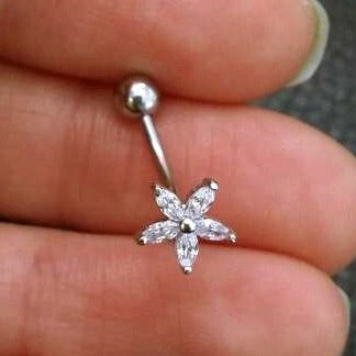 CZ Flower Belly Button Ring, silver floating navel ring, gold dainty belly ring, sparkly belly ring,navel ring,belly piercing, belly jewelry