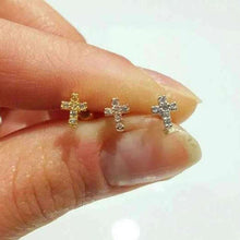 Load image into Gallery viewer, 16g 18g 20g Pave Dainty Cross Cartilage earring, small tragus threadless labret, sparkly gold earring, CZ pave earrings, criss cross earring