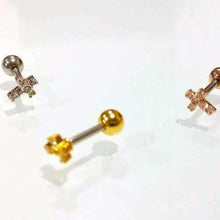 Load image into Gallery viewer, 16g 18g 20g Pave Dainty Cross Cartilage earring, small tragus threadless labret, sparkly gold earring, CZ pave earrings, criss cross earring