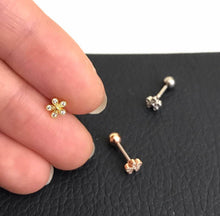 Load image into Gallery viewer, CZ Mini flower cartilage earring, Round Flower Tragus Earring, dainty helix earring, conch stud, small rose gold, cute silver flower barbell