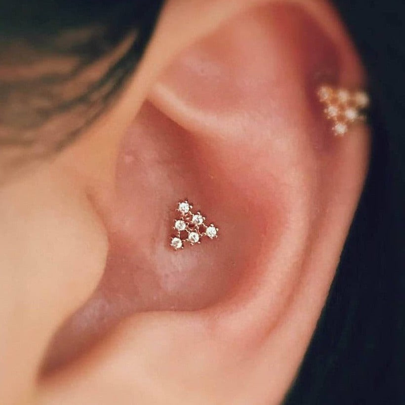 CZ Triangle Conch Earring, Tiny cartilage threadless labret, triple helix stud, small conch threadless labret, mini tragus triangle piercing