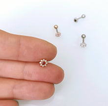 Load image into Gallery viewer, Sunflower cartilage earring, small threadless pushpin labret, dainty barbell flower stud, mini helix daith conch piercing tiny flower tragus