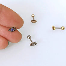 Load image into Gallery viewer, Evil Eye Cartilage Earring, 18g threadless labret, mini small evil eye helix barbell, tragus earring, conch pushpin labret, medusa piercing
