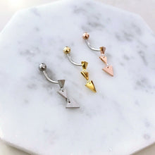 Load image into Gallery viewer, Triangle Dangle Belly Button Ring, rose gold belly ring, gold belly rings, small belly rings, dainty navel ring, silver dangle belly jewelry