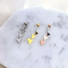 Load image into Gallery viewer, Triangle Dangle Belly Button Ring, rose gold belly ring, gold belly rings, small belly rings, dainty navel ring, silver dangle belly jewelry
