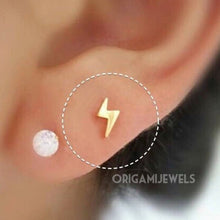 Load image into Gallery viewer, Lightning bolt cartilage earring, threadless push pin tiny tragus earring, 18g bolt conch earring, dainty cartilage piercing small gold stud