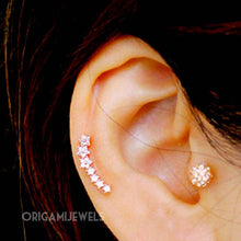 Load image into Gallery viewer, CZ Dainty curved cartilage earring, fashion earrings, cute ear sweep, ear Climbers, delicate earrings, dainty earring, star line earring