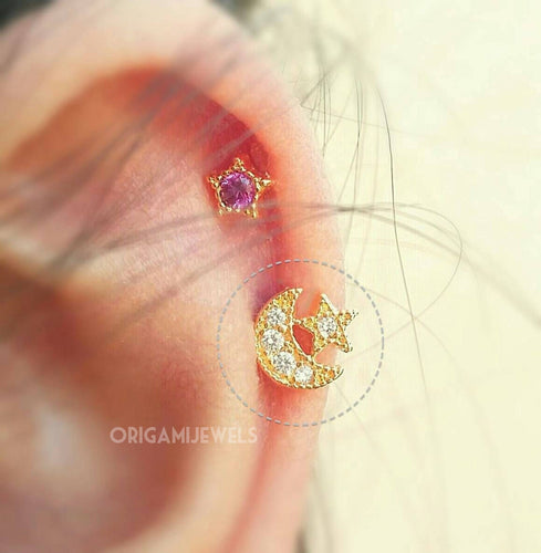 CZ Pave Moon Tragus Earrings,  star cartilage earring, tragus threadless labret, conch piercing, rose gold stud, dainty cartilage earring