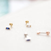 Load image into Gallery viewer, CZ Tiny Baguette Tragus Labret, square Rhinestone cartilage earring, vibrant rectangular colorful threadless pushpin forward helix stud