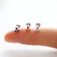 Load image into Gallery viewer, Tiny Trinity Threadless labret Earring, CZ Triangle Cartilage Earring, blue conch earring, tiny helix mini tragus, triangle geometric studs