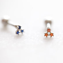 Load image into Gallery viewer, Tiny Trinity Threadless labret Earring, CZ Triangle Cartilage Earring, blue conch earring, tiny helix mini tragus, triangle geometric studs