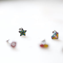 Load image into Gallery viewer, Comic Earrings, colorful diamond, pill earring, threadless pushin labret, unique studs, Star, character earrings, costume Halloween earrings