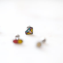 Load image into Gallery viewer, Comic Earrings, colorful diamond, pill earring, threadless pushin labret, unique studs, Star, character earrings, costume Halloween earrings