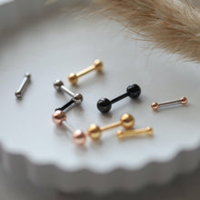 Load image into Gallery viewer, Tiny Ball Earrings, Threadless Cartilage pushback labret, Ball Tragus studs, black, silver ball labret studs, tiny gold conch flat back stud