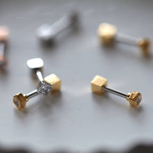 Load image into Gallery viewer, Square CZ Daith Barbell, unique rook ring, cubed cartilage barbell, 18g mini stud, small cube tragus earring, square conch stud, 20g earring