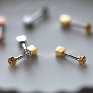 Square CZ Daith Barbell, unique rook ring, cubed cartilage barbell, 18g mini stud, small cube tragus earring, square conch stud, 20g earring
