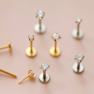 18g 20g 16g Tiny CZ Threadless Push In Labret, push back tragus stud, gold silver Threadless cartilage earring 2mm conch stud sensitive skin