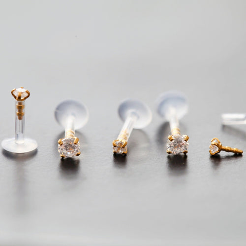 16g BioFlex Push Fit Gold Piercings, Plastic Labret Push In cartilage earrings, bioplast gold tragus earrings, hypoallergenic conch earrings