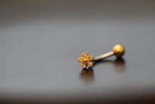Load image into Gallery viewer, Tiny Round Flower Belly Ring, floating navel ring, dainty small gold belly button rings, body jewelry, floral modern postpartum belly ring