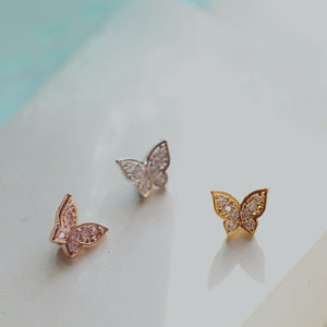 CZ Pave Butterfly Conch Earring, cartilage stud, dainty tragus piercing, sparkly butterfly threadless pushpin, 18g labret gold screwback