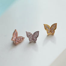 Load image into Gallery viewer, CZ Pave Butterfly Conch Earring, cartilage stud, dainty tragus piercing, sparkly butterfly threadless pushpin, 18g labret gold screwback