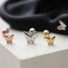 Load image into Gallery viewer, Butterfly cartilage earring, 16g 18g 20g tragus earring, dainty butterfly barbell, helix daith conch earring tiny butterfly tragus earring