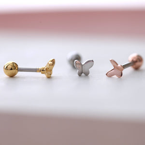 3D Butterfly Tragus Threadless Labret, 18g cartilage earring, 20g screwback lobe barbell, cartilage stud, small spring dainty conch earring