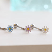 Load image into Gallery viewer, Daisy Belly Button Ring, dainty flower belly ring, small floating navel ring, tiny white purple blue piercing hypoallergenic belly jewelry