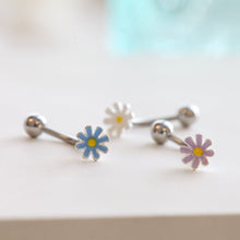 Load image into Gallery viewer, Daisy Belly Button Ring, dainty flower belly ring, small floating navel ring, tiny white purple blue piercing hypoallergenic belly jewelry