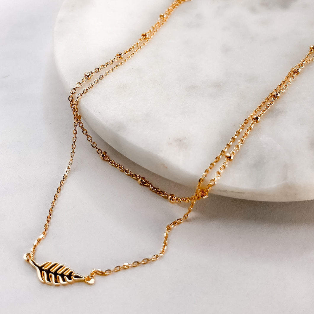 Double Layer Necklace | collarbone necklace, satellite beaded choker, leaf Pendant, gold beaded necklace, bridesmaids gifts, wedding jewelry