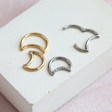 Load image into Gallery viewer, Titanium Moon Clicker Hoop, Surgical Steel Tragus ring, conch Crescent Moon Hoop, helix cartilage earrings, Daith hypoallergenic earrings