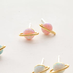 Planet opal stud earrings, sterling silver post, white opal earrings, Planet studs, rainbow earrings, green pastel pink round opal studs