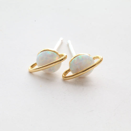 Planet opal stud earrings, sterling silver post, white opal earrings, Planet studs, rainbow earrings, green pastel pink round opal studs