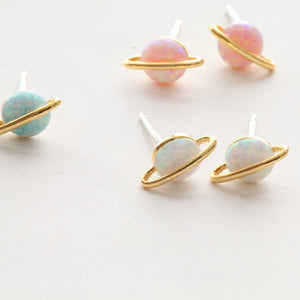 Planet opal stud earrings, sterling silver post, white opal earrings, Planet studs, rainbow earrings, green pastel pink round opal studs