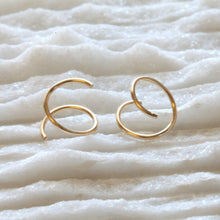 Load image into Gallery viewer, Gold Double Hoop Twist Earrings, 14k gold fill Spiral Wire Twirl hoops, swirl double loop helix piercing, one piercing small double huggie